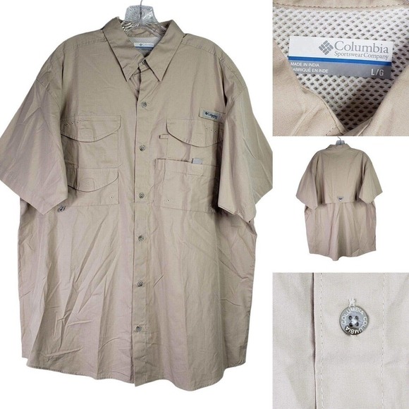 Columbia Shirt PFG Men's Large Beige Button Down Short Sleeve Vented Bahama - Picture 1 of 11